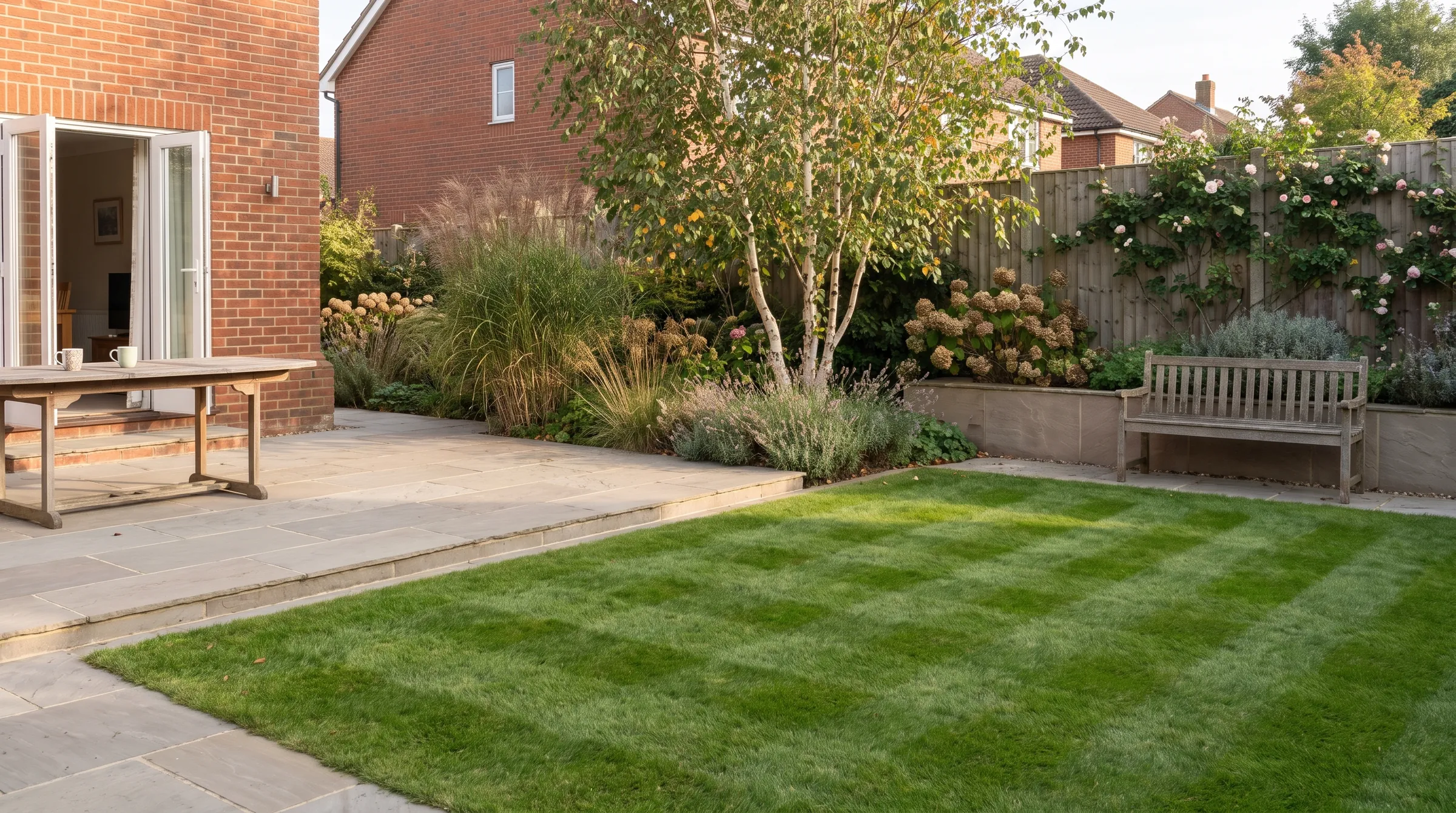 Concept visual: a finished garden behind a brick house, with a grey sandstone patio, a step down to a striped lawn, a silver birch and planted borders