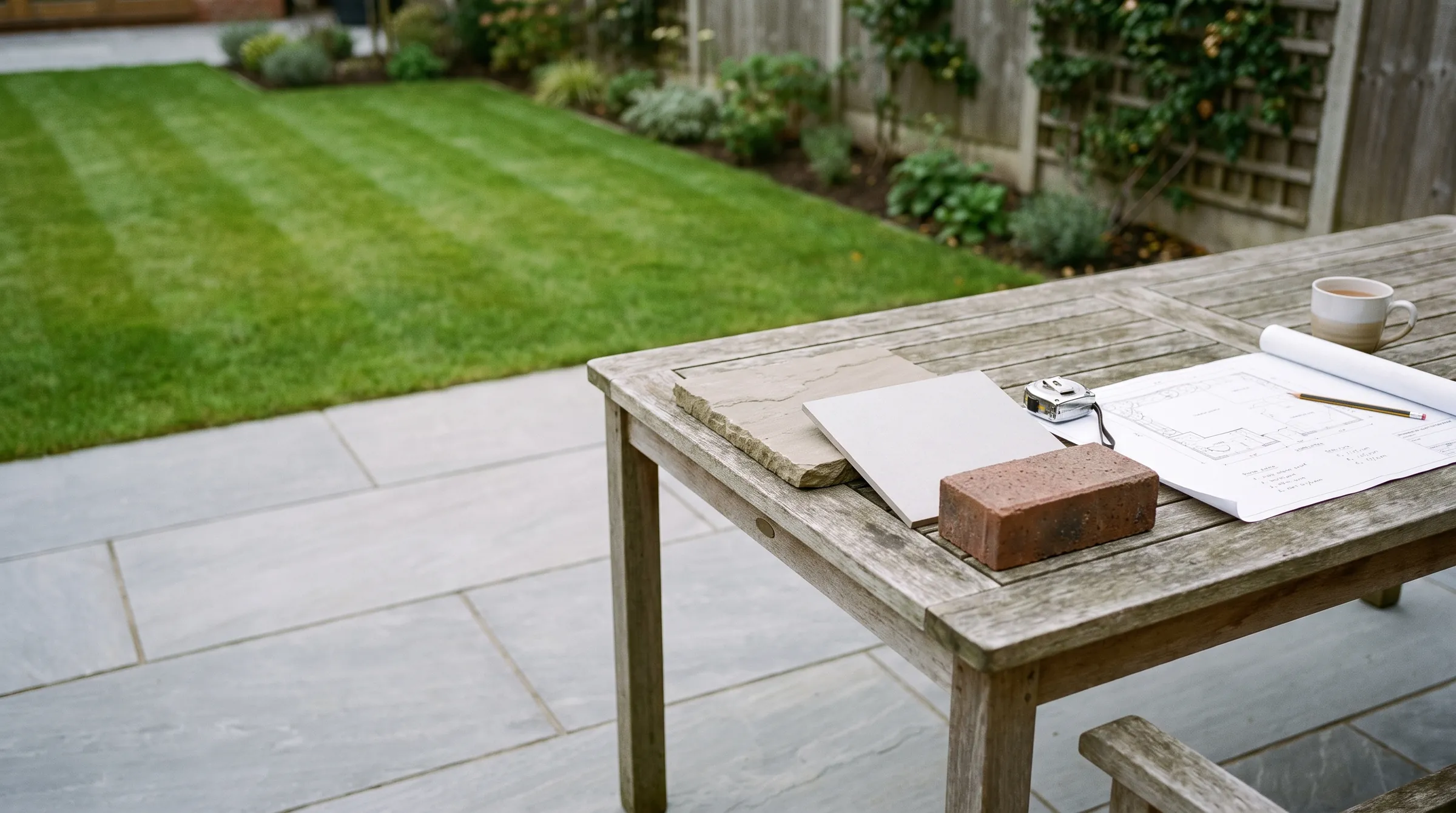 Concept visual: paving samples, a garden plan, a tape measure and a mug of tea on a garden table, on a clean grey patio beside a striped lawn