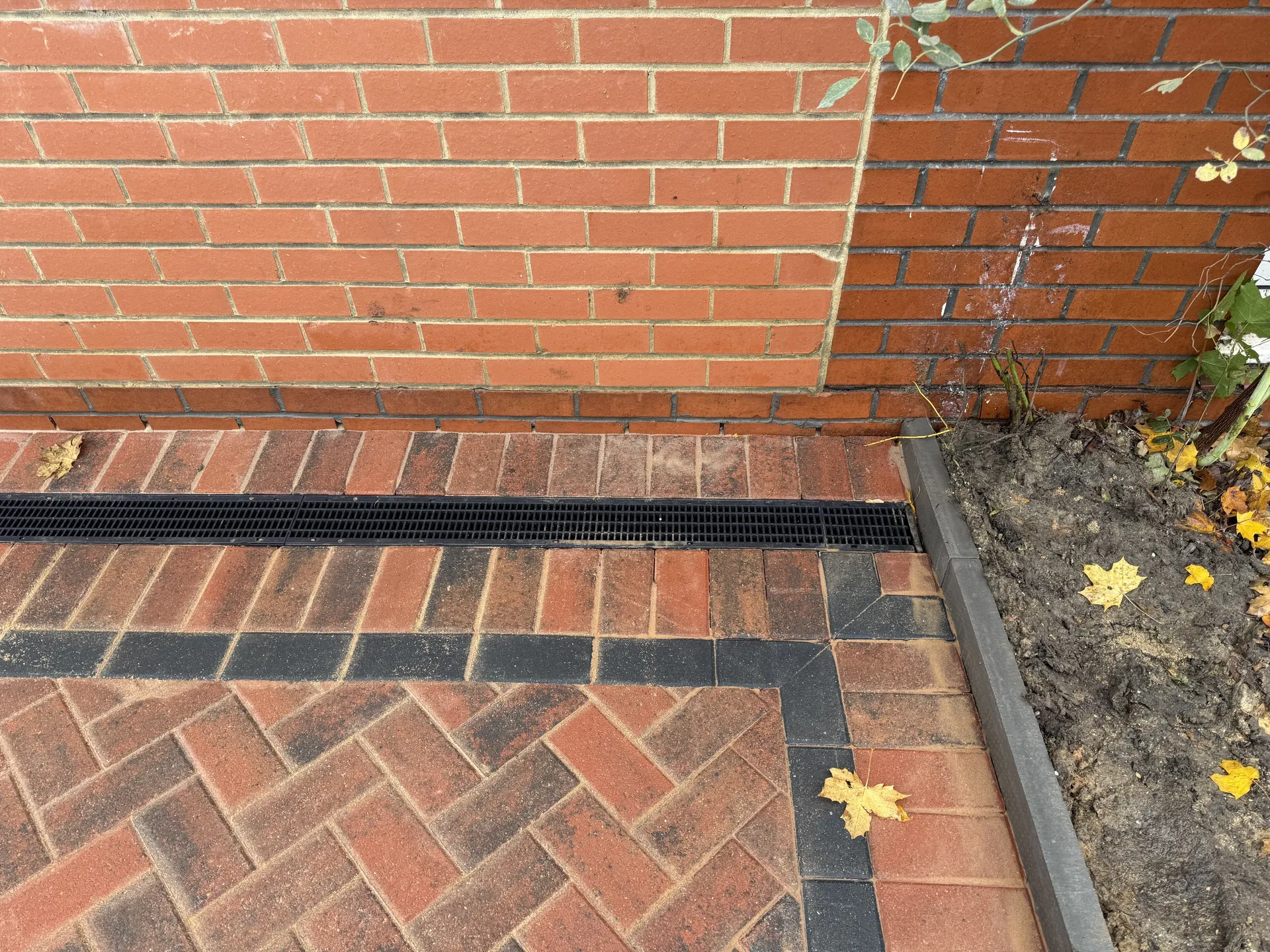 The corner of the drive by the house, where the herringbone, the charcoal border and the drainage channel meet the brick wall.