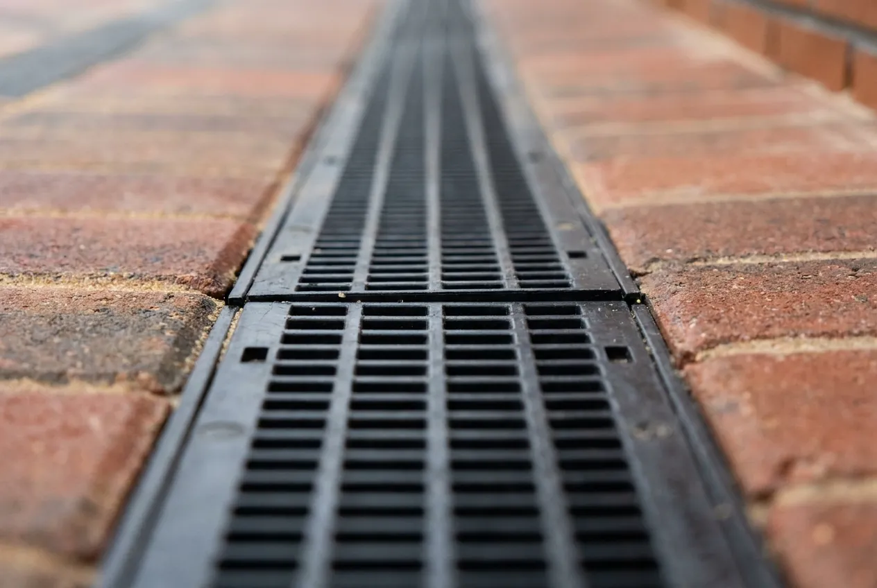 Close-up of the black drainage channel grating where two lengths meet, set between rows of block paving.