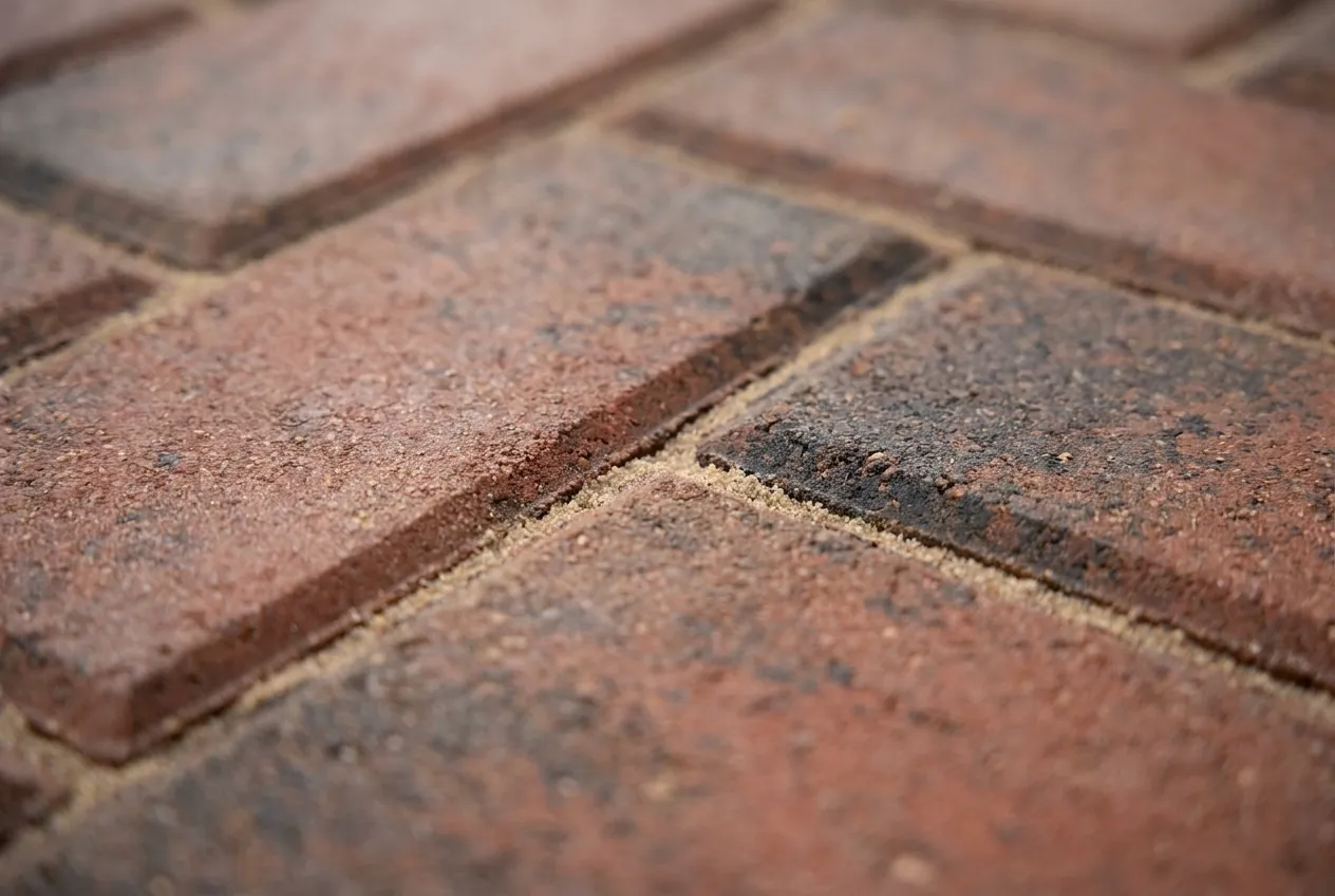 Close-up of red and charcoal blocks in herringbone, with kiln-dried sand in the joints.