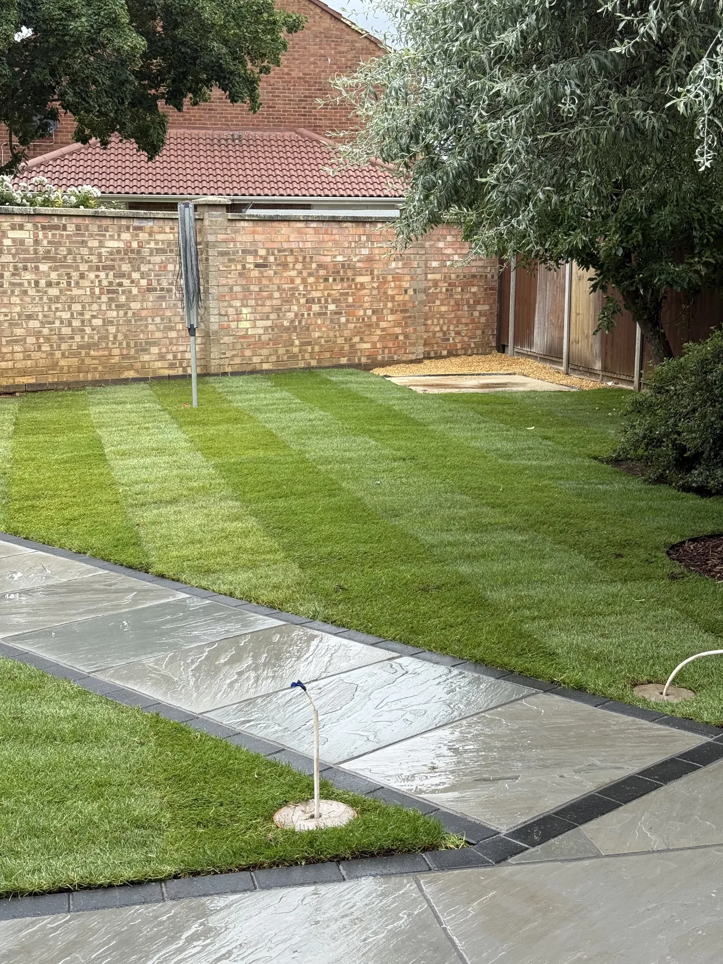 Close-up of the sandstone path and its charcoal edging where it turns across the new lawn.