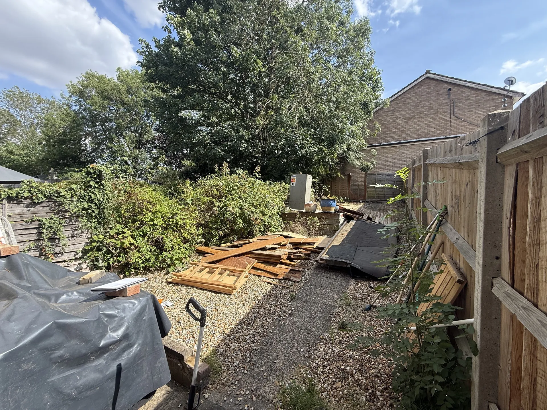 The garden before work started, rising away from the house, overgrown at the top, with old timber and debris across the gravel.