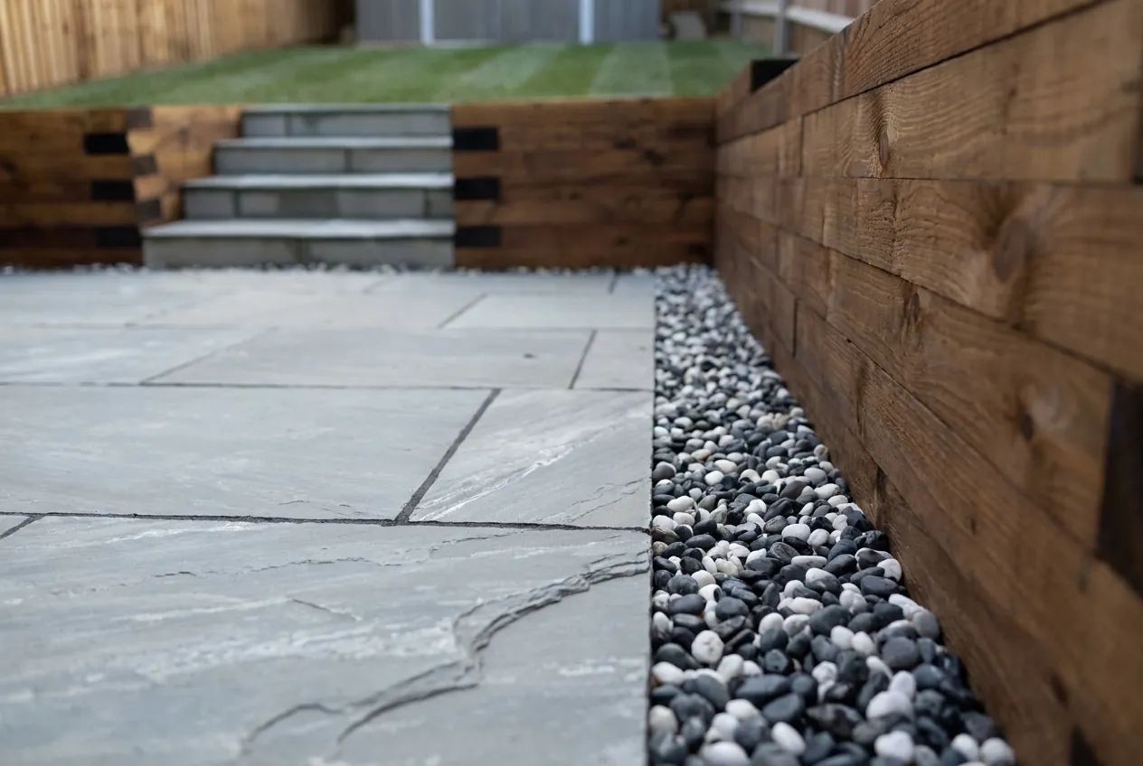 Close-up along the strip of black and white pebbles between the patio and the sleeper wall.