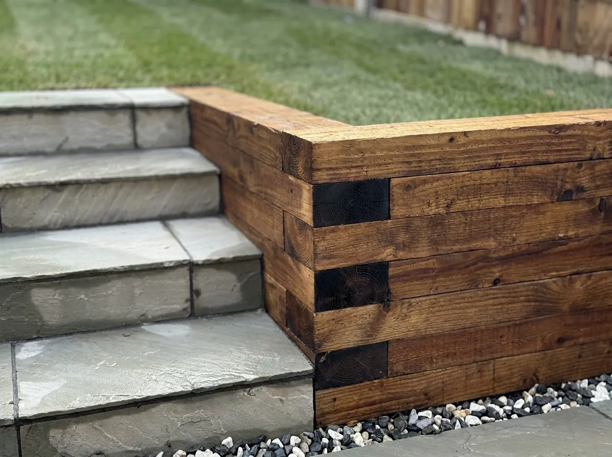 Close-up of the sleeper wall corner by the steps, with the dark sleeper ends stacked at the corner.