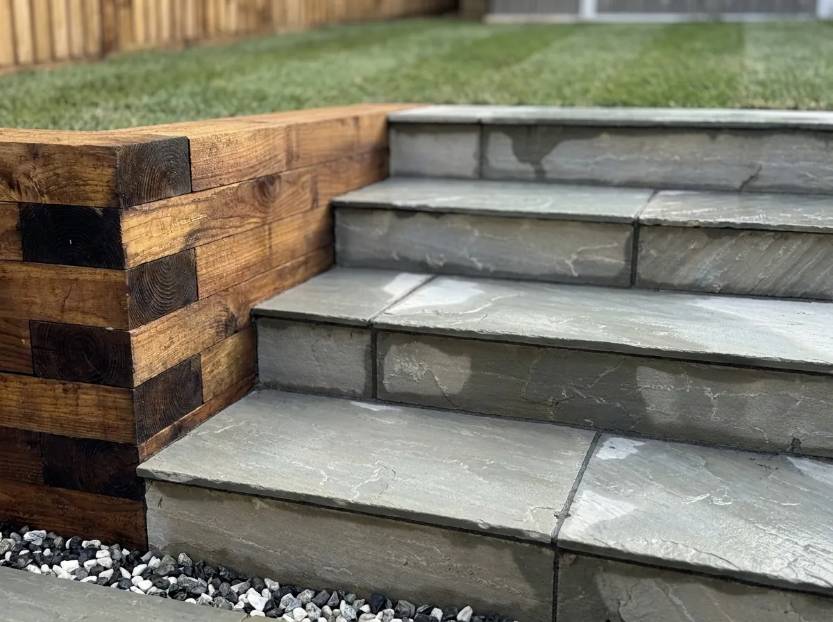 Close-up of the sandstone steps, each tread with a small overhang, between the sleeper walls.