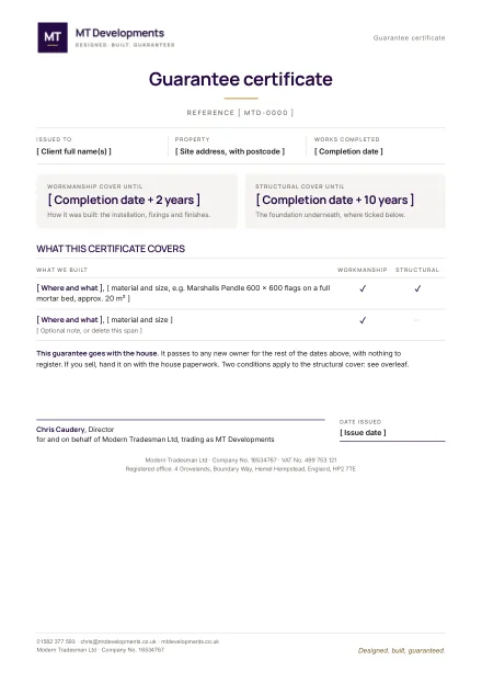 The first page of our guarantee certificate