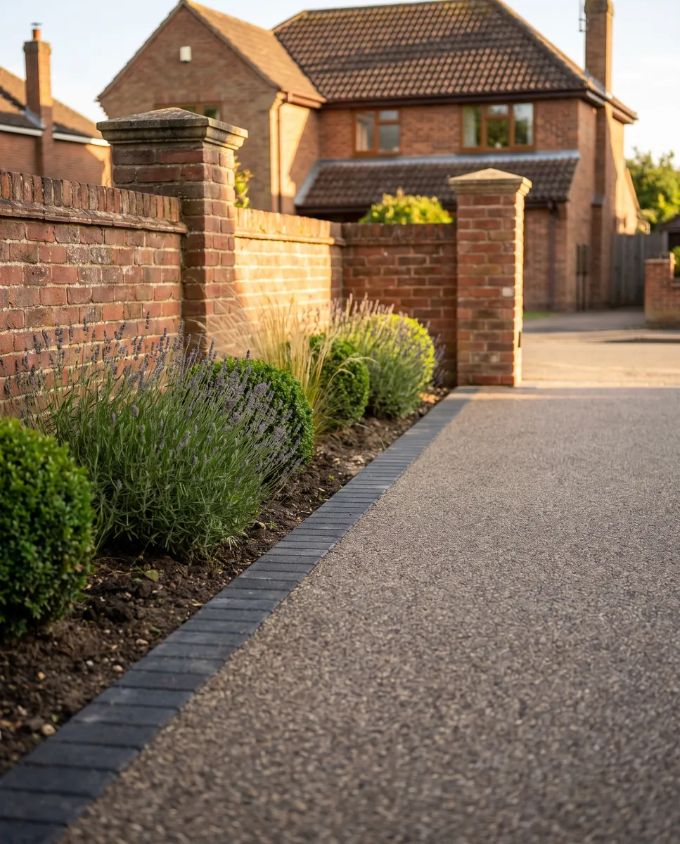 Illustration: the edge of a resin driveway with a charcoal block border, a low brick wall and a planted border