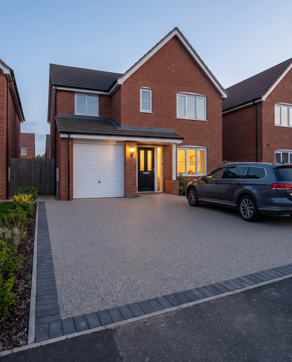 Illustration: a resin-bound driveway across the whole front of a brick house at dusk, with a car parked and the porch light on