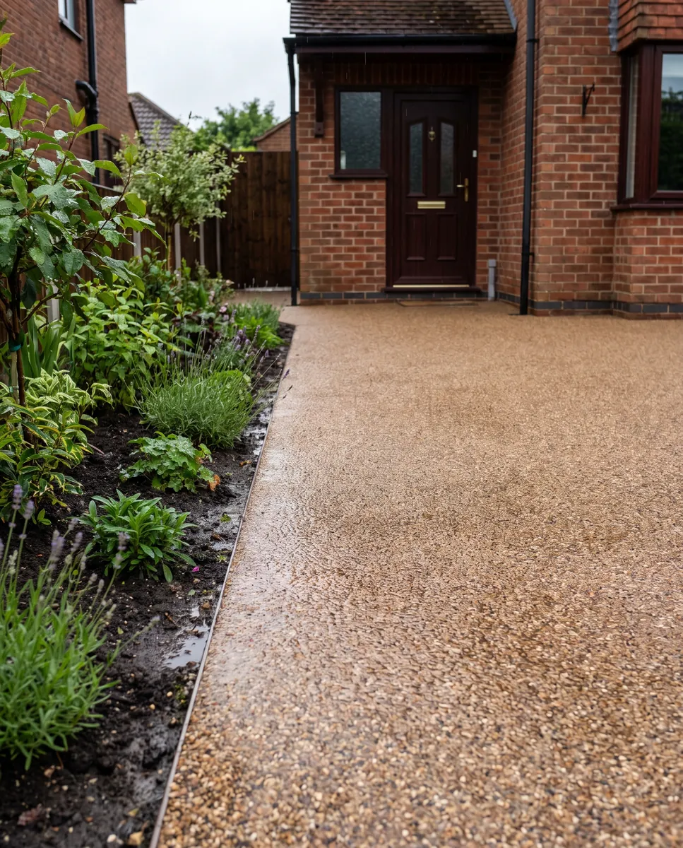 Illustration: a resin-bound driveway just after rain, wet but with no puddles, leading to a front door