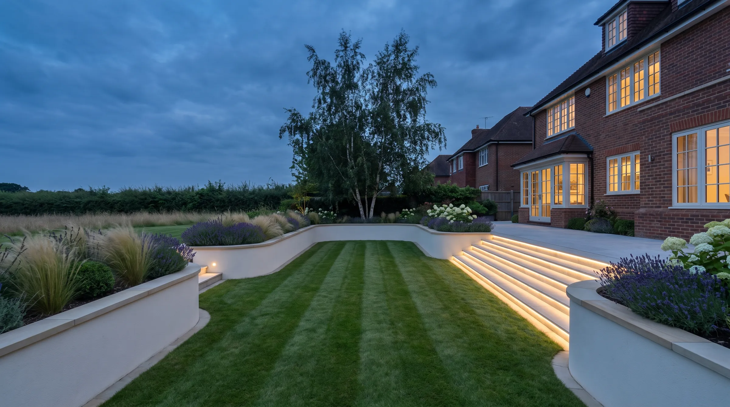 Concept visual at dusk: a tiered rear garden with rendered retaining walls and stone coping, lit steps, a striped lawn and planted beds behind a brick house