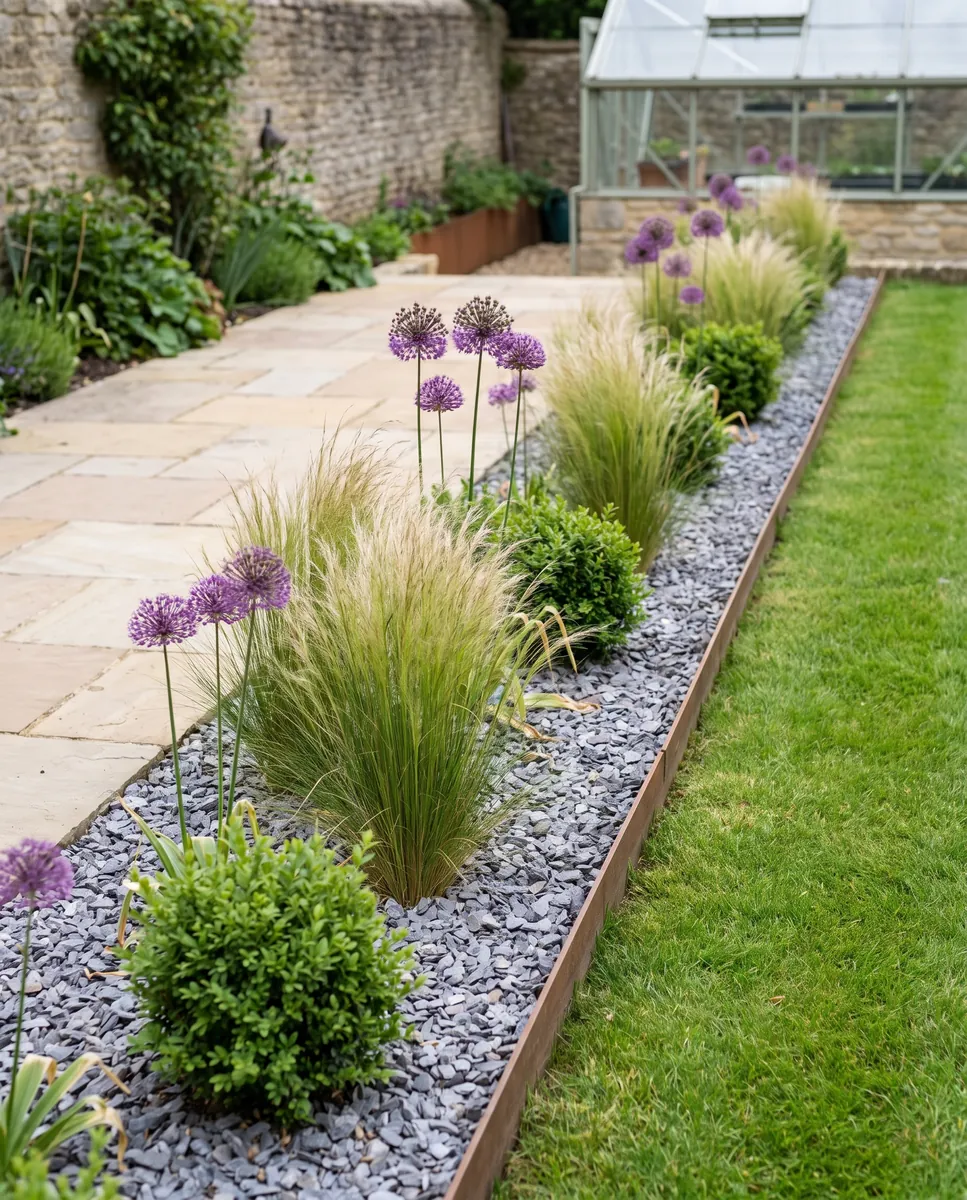 Illustration: a low-maintenance border of grasses and alliums in gravel, with a steel lawn edge and a sandstone path