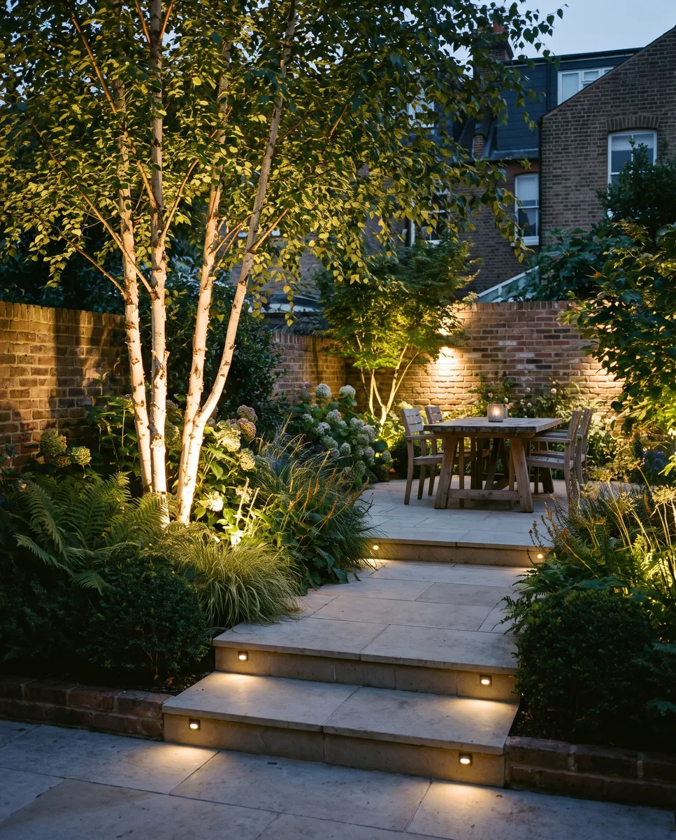 Illustration: a garden at night with uplit trees, lit steps and a terrace with a table