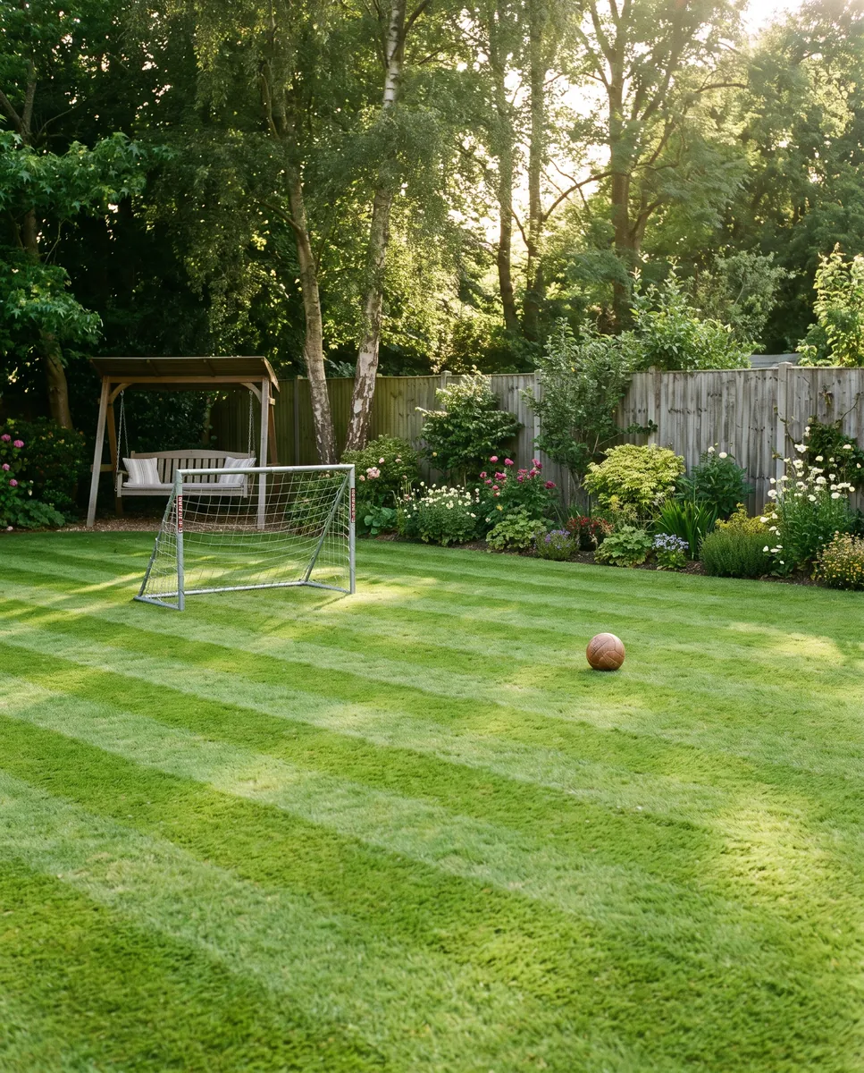 Illustration: a level striped lawn with a small football goal and a swing seat