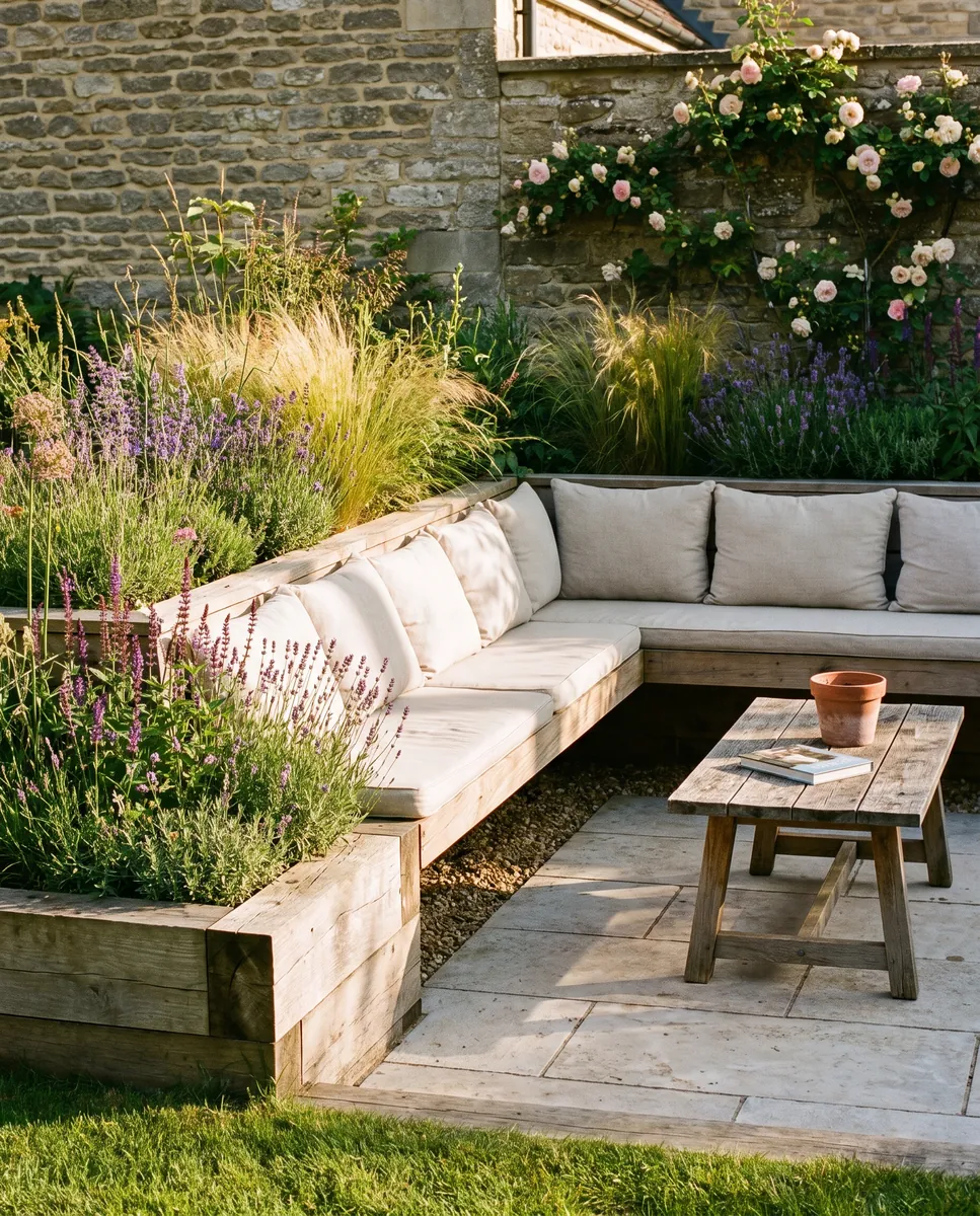 Illustration: a built-in timber bench with cushions set into a raised sleeper planter beside a small terrace