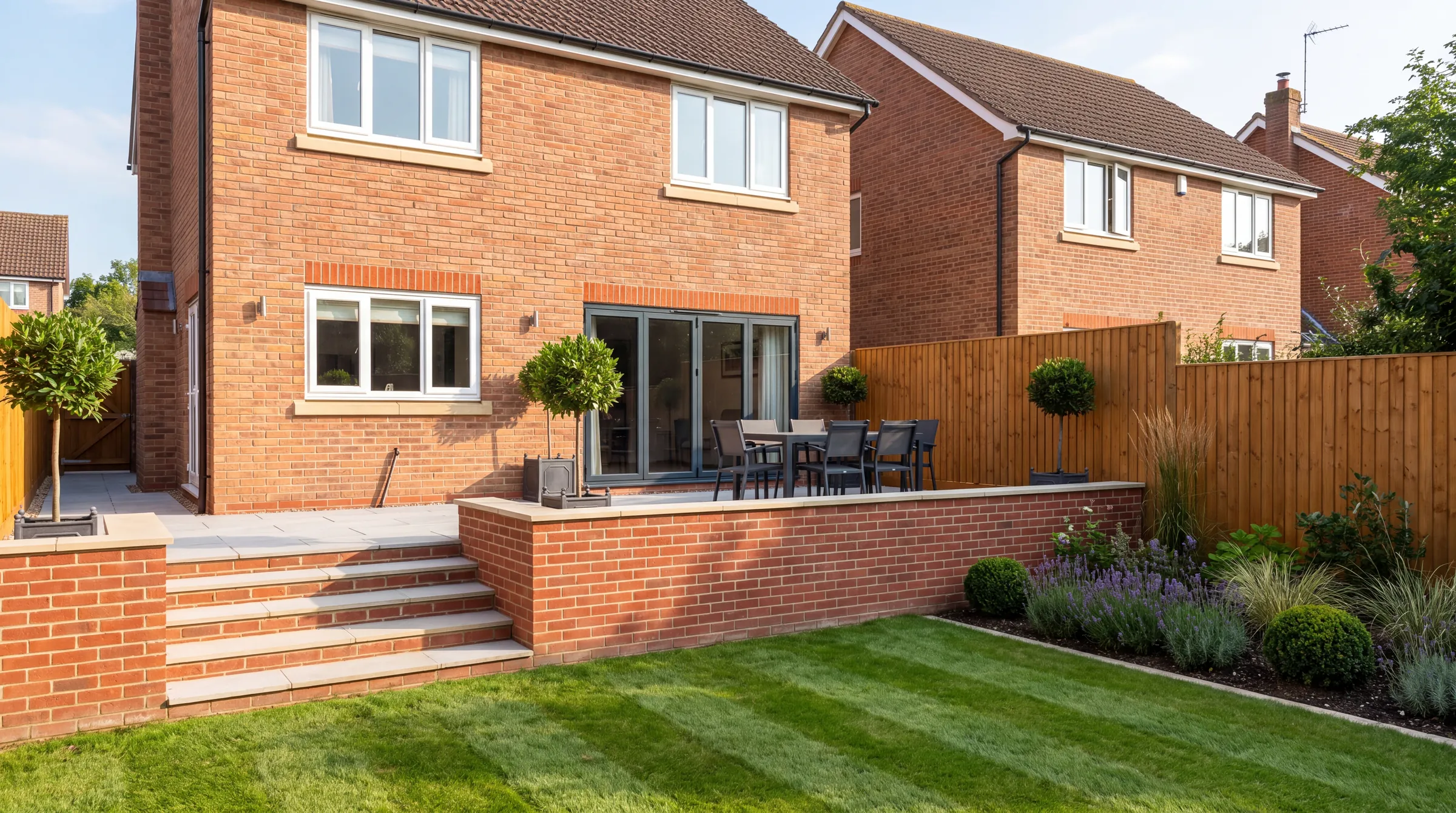 Concept visual: a back garden with a red-brick retaining wall and stone coping holding up a light grey porcelain terrace, with steps down to a striped lawn