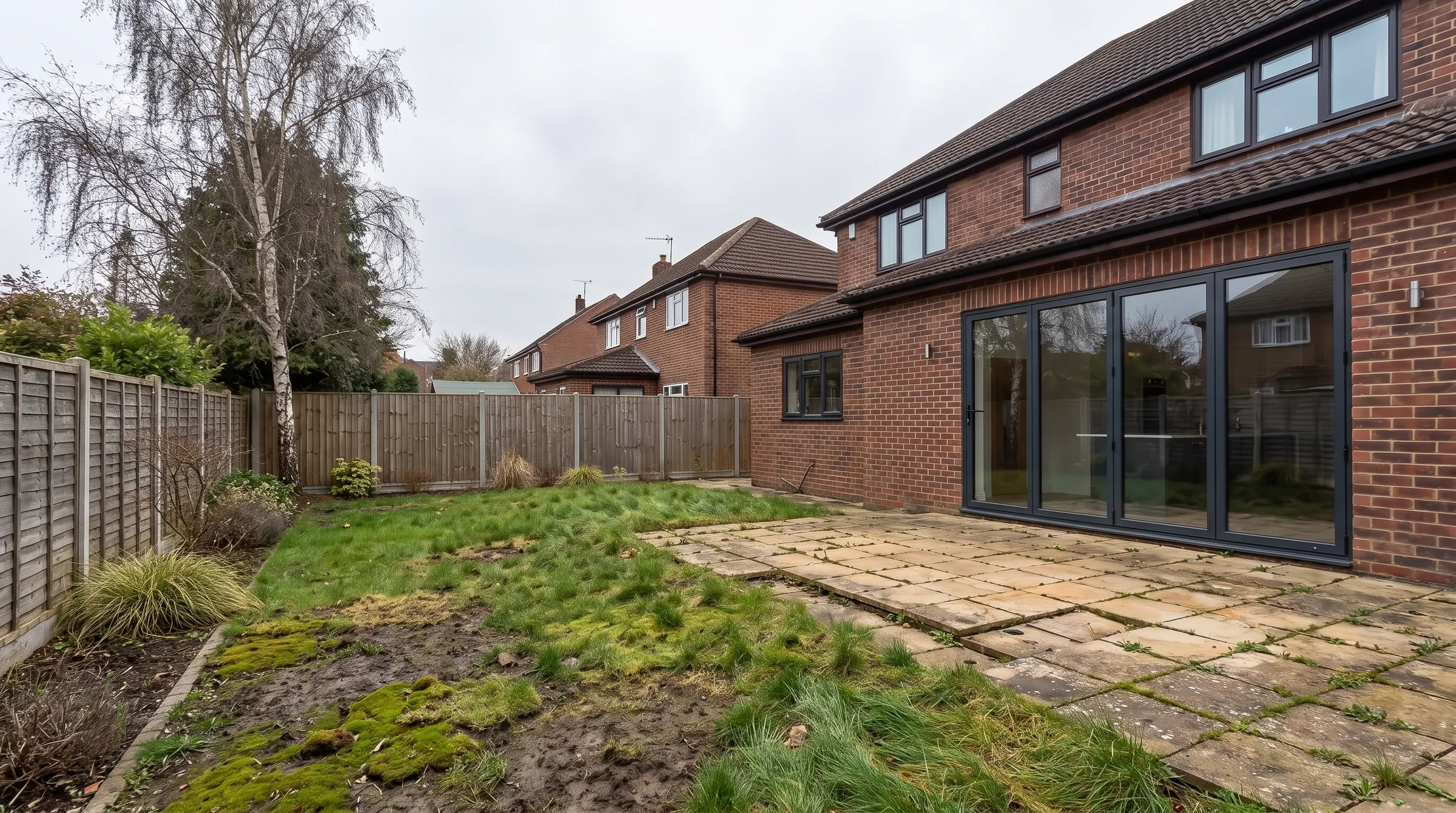 Illustration of a garden before: a tired lawn with bare patches and moss, and an old patio of cracked concrete slabs behind a brick house