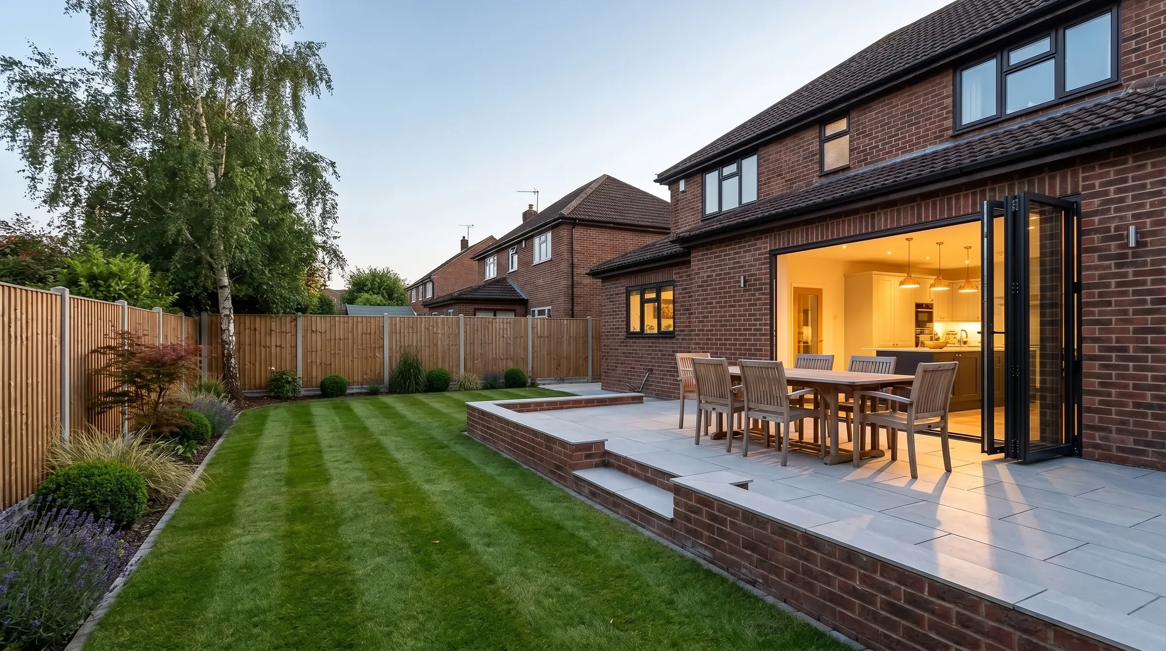 Concept visual of the same garden at dusk: a raised light grey porcelain terrace with brick walls and steps, a dining table by open bifold doors, and a striped lawn