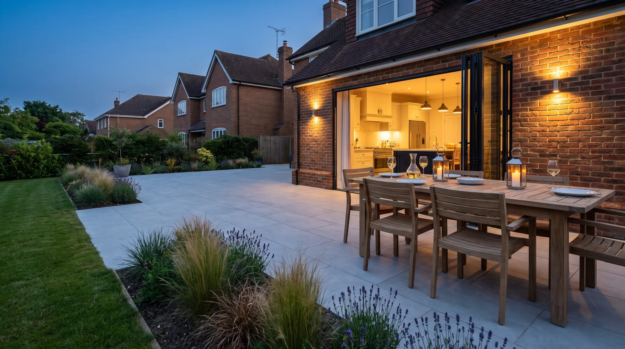 Concept visual at dusk: a light grey porcelain terrace behind a brick house, with a table set for dinner by open bifold doors