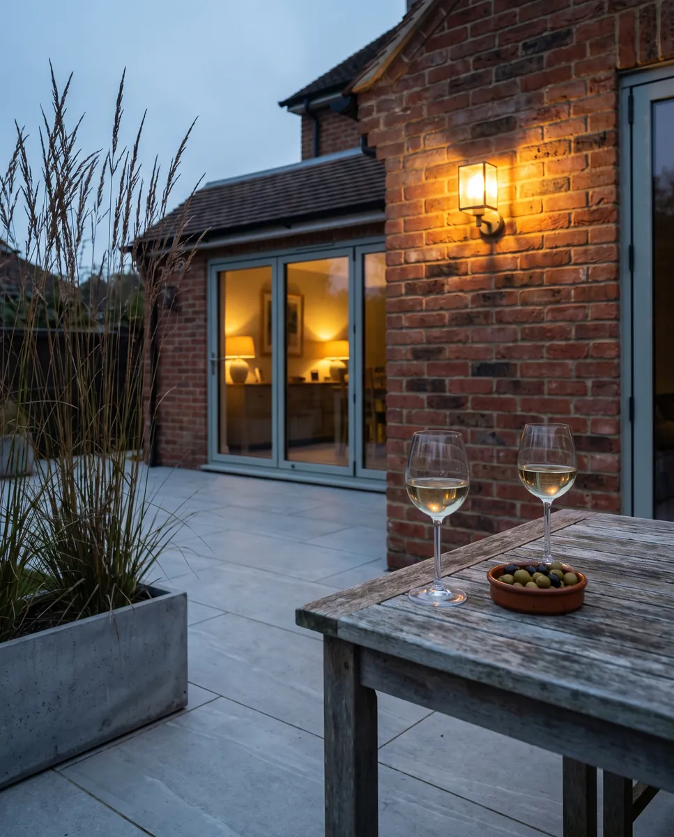 Illustration: two glasses of wine on an outdoor table on a porcelain patio at dusk, with a lit wall light