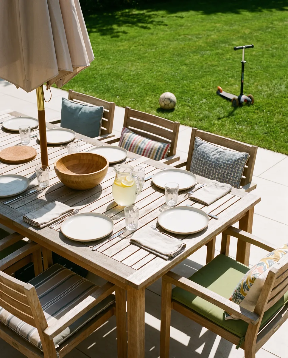 Illustration: a long table set for a family lunch on a large porcelain patio, with a parasol and the lawn beyond