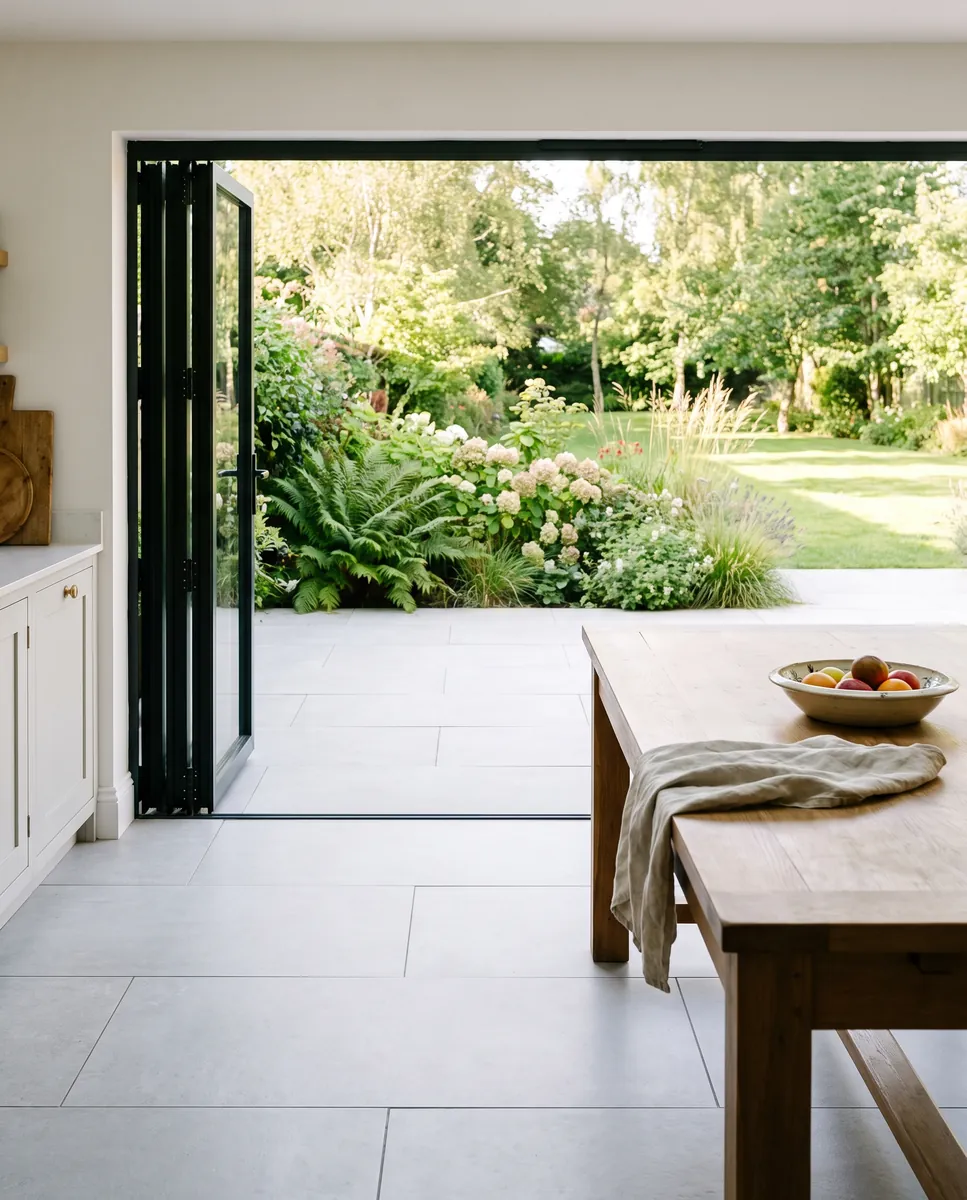 Illustration: open bifold doors from a kitchen onto a clean, level porcelain patio and the garden beyond
