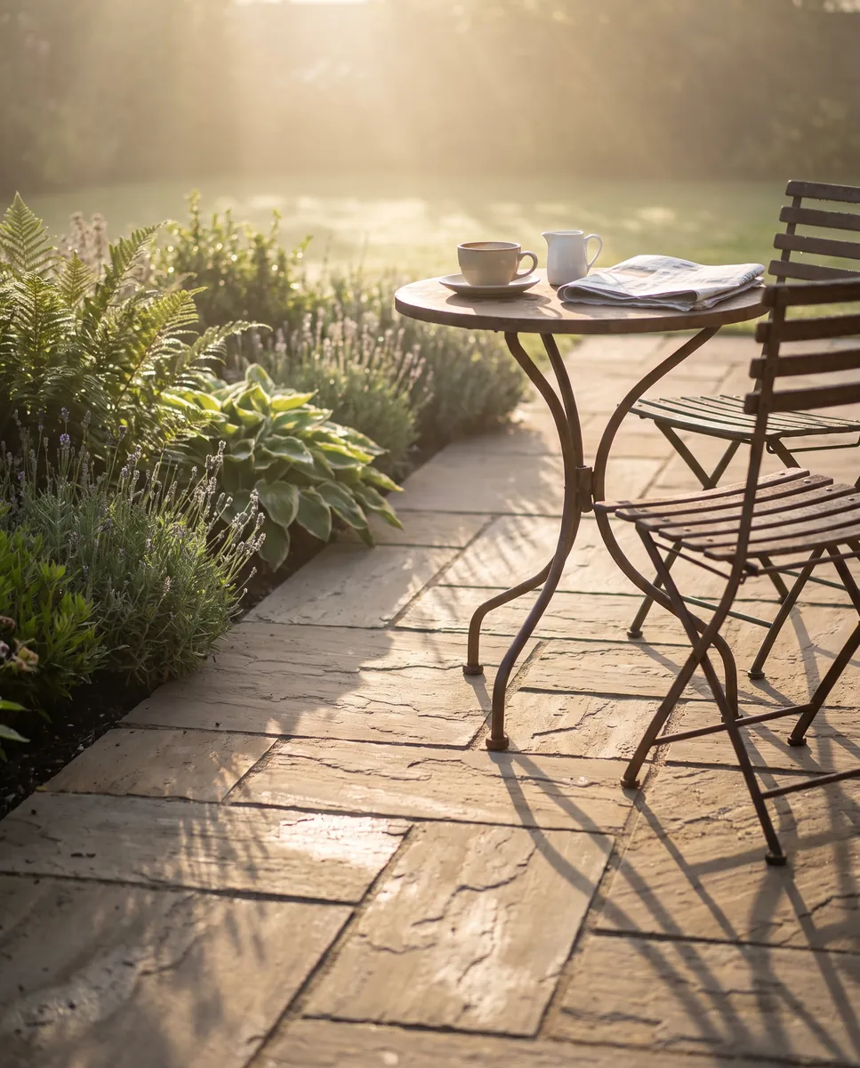 Illustration: a cup of coffee and a newspaper on a small table on a sandstone patio in early morning sun