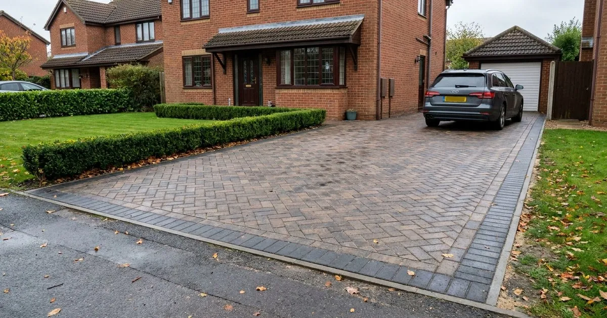 Illustration. A new herringbone block paving driveway in front of a red-brick detached house, with charcoal edging, a clipped box hedge and a grey estate car by the garage.