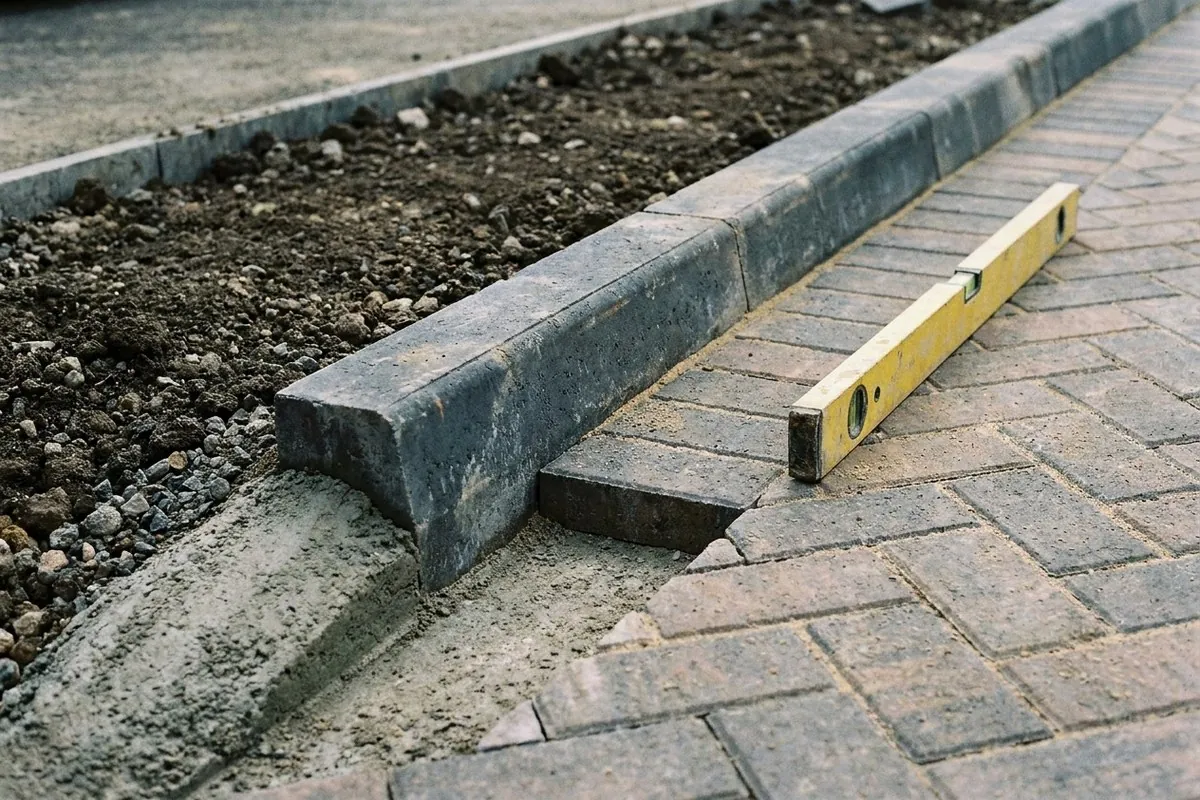 Illustration. Close up of the edge of a new block drive: a charcoal kerb bedded on concrete, with a sloped haunch of concrete packed up its outer side, before the border beside it is filled.