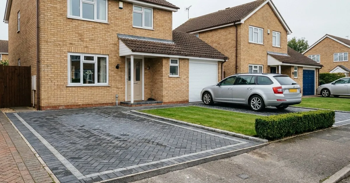 Illustration. A detached buff-brick house with a new charcoal block paved driveway, a neat lawn edged in granite setts, a low clipped hedge and a silver car parked by the garage, on an overcast day.