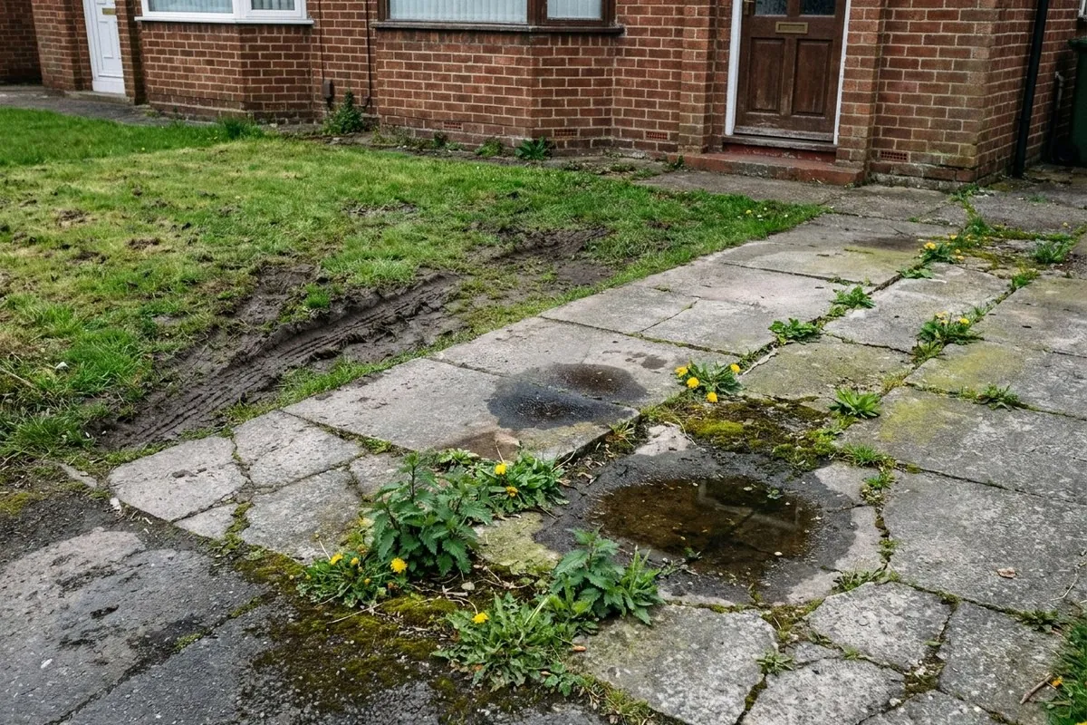 Illustration. A tired front garden: an old drive of cracked concrete slabs with weeds and moss in the joints, puddles in the dips and a muddy strip of lawn with tyre ruts beside it.