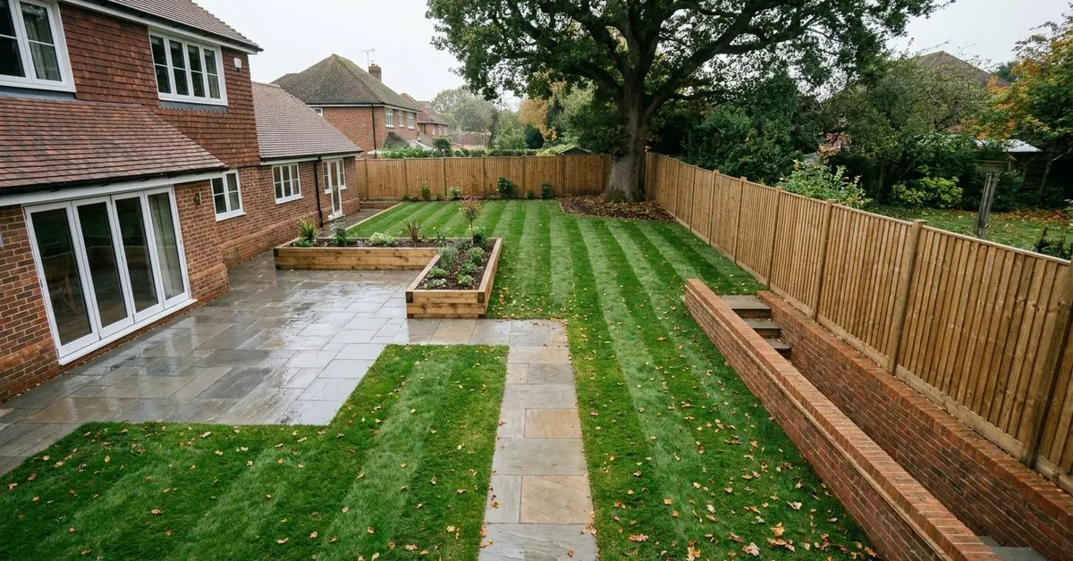 Illustration. A renovated back garden seen from an upstairs window: a grey sandstone patio by the house, a path down a striped lawn, timber raised beds and a brick retaining wall with steps.