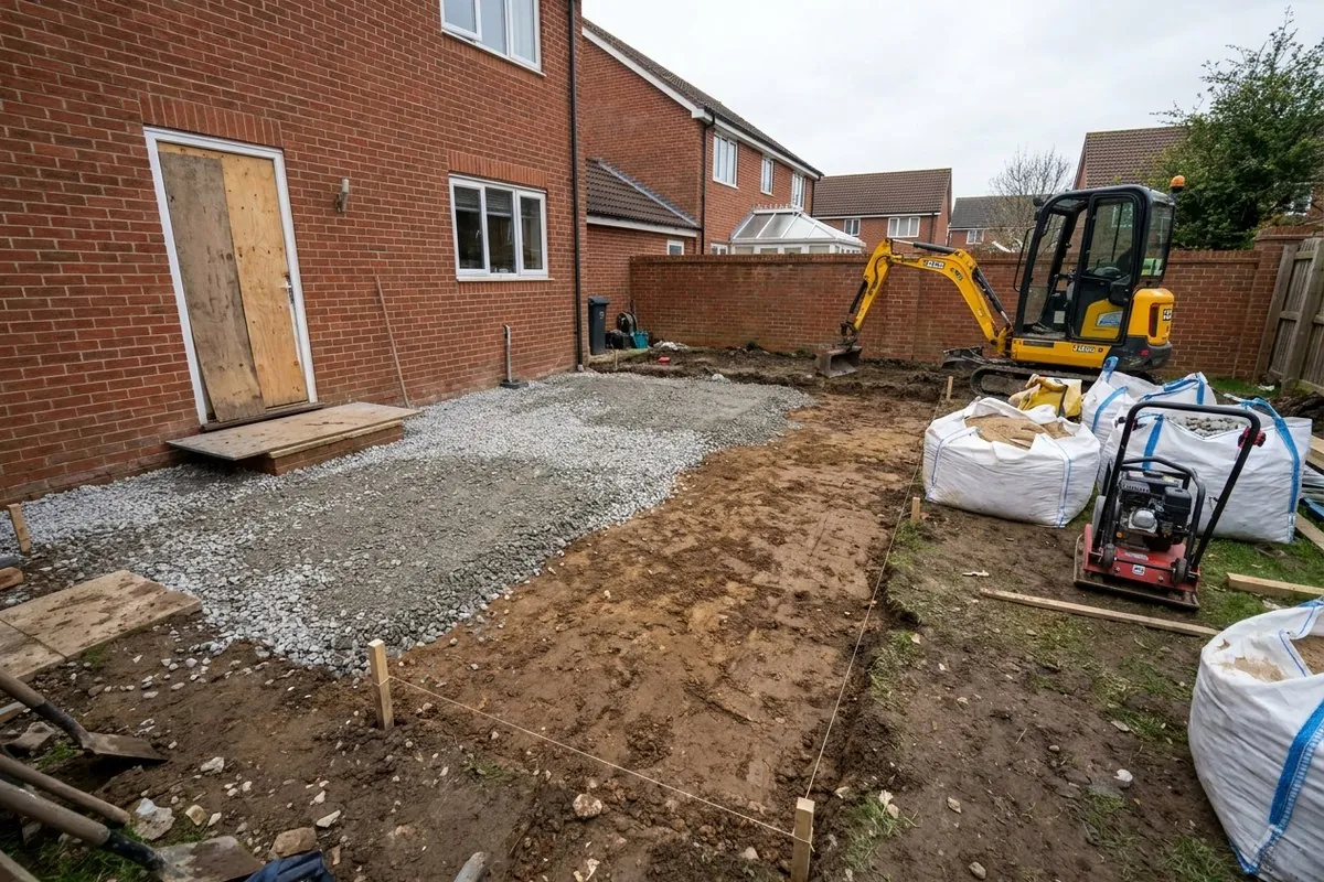 Illustration. A back garden mid-build: the ground dug out, a compacted crushed-stone sub-base by the house, the back door boarded over, a mini digger, bulk bags and a plate compactor, and string lines marking the patio edge.