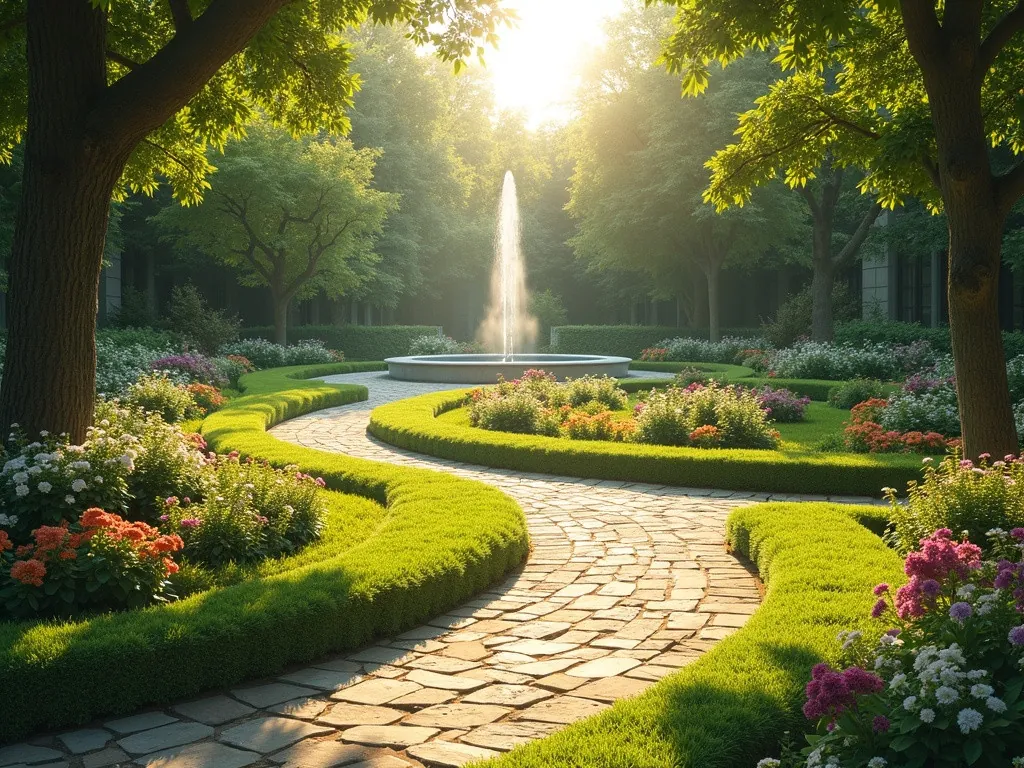 Illustration of a garden path curving through planted borders.