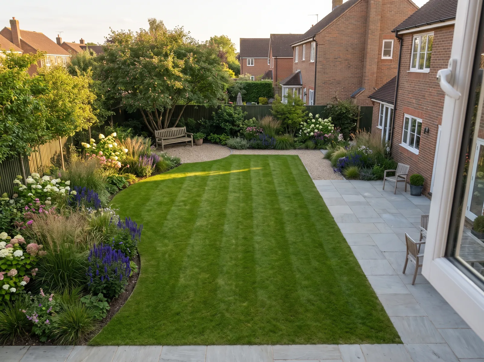 Illustration. View from an upstairs window over a well-proportioned garden: a sandstone terrace, a rectangular lawn, a curving planted border and a bench under a tree at the far end.
