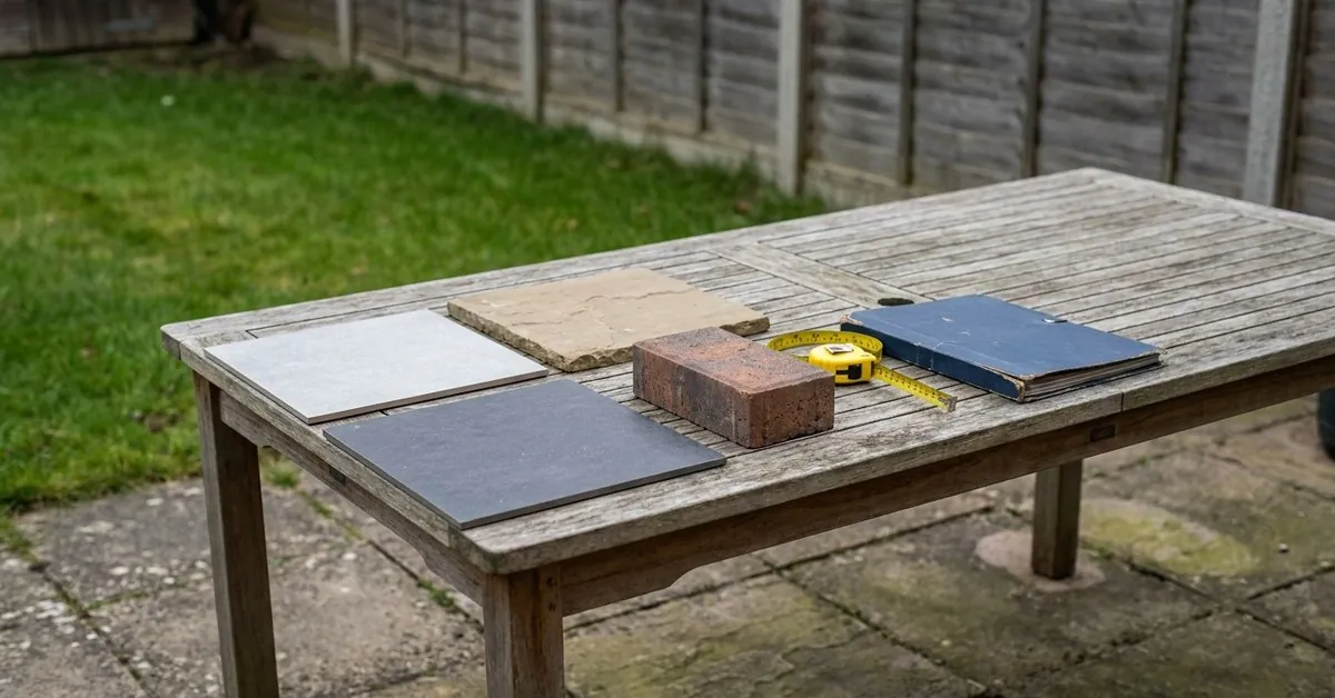 Illustration. A garden table on an old patio with porcelain and sandstone paving samples, a tape measure and a closed folder, with the lawn and a fence behind it on an overcast day.