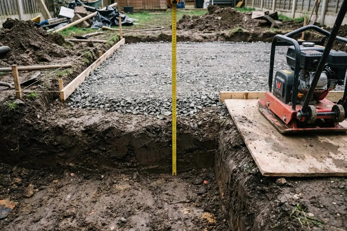 Illustration. A patio dig mid-build: a level layer of compacted grey crushed stone inside string lines, with a tape measure and a plate compactor beside it.
