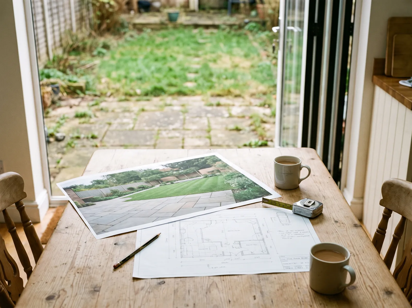 Illustration. A printed concept visual of a new garden and a measured plan on a kitchen table with mugs of tea, the tired garden visible through the open doors behind.