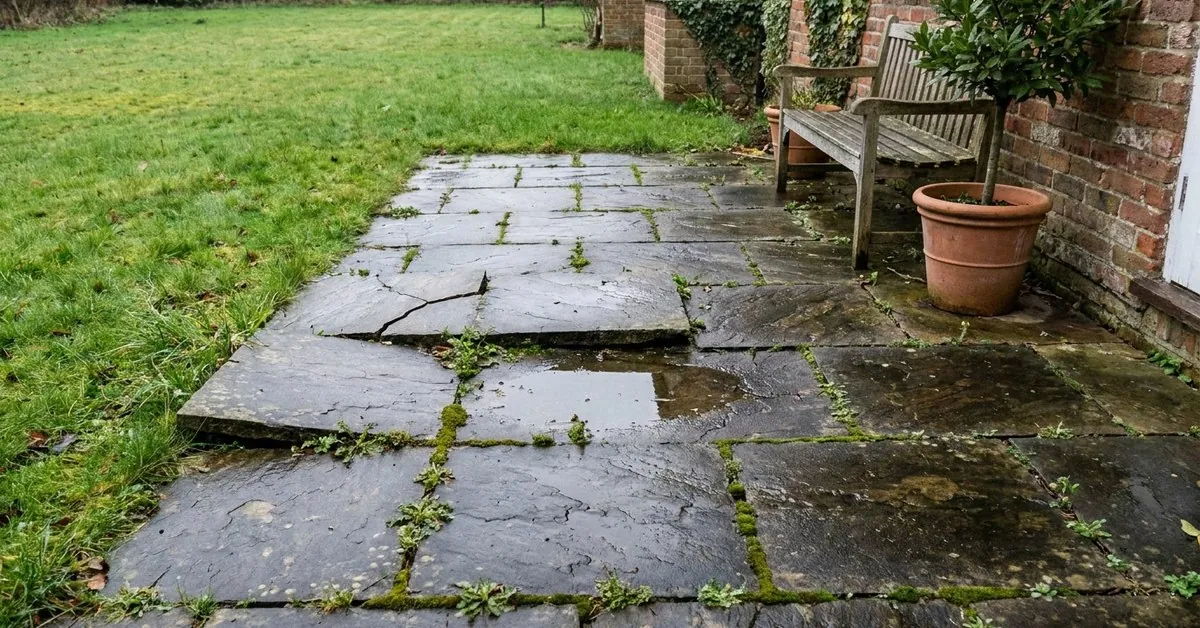 Illustration. An old sandstone patio after rain, with slabs sunk and tilted, one cracked across, a puddle in a dip and moss and weeds in the joints, beside a bench and a potted bay tree.