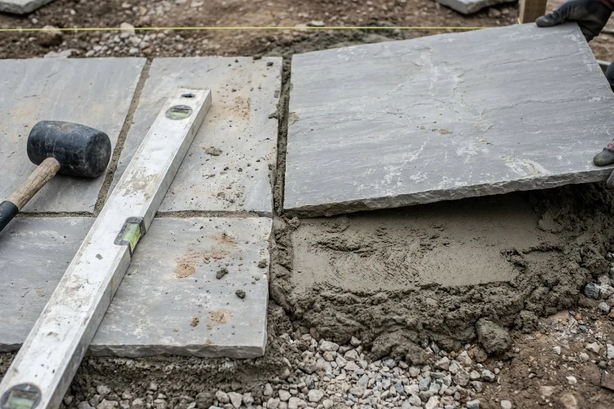 Illustration. A sandstone slab being lowered onto a full, even bed of mortar laid over a crushed-stone sub-base, next to slabs already laid, with a rubber mallet and a spirit level.