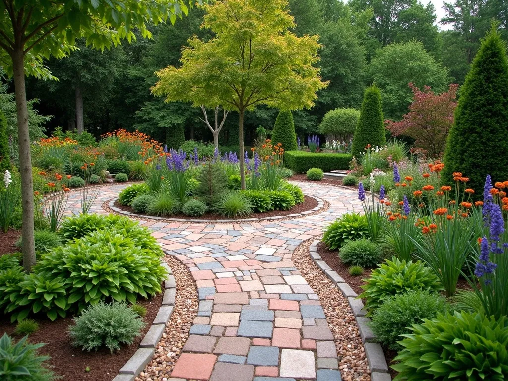 Illustration of a curved garden path in mixed paving, with planting either side.