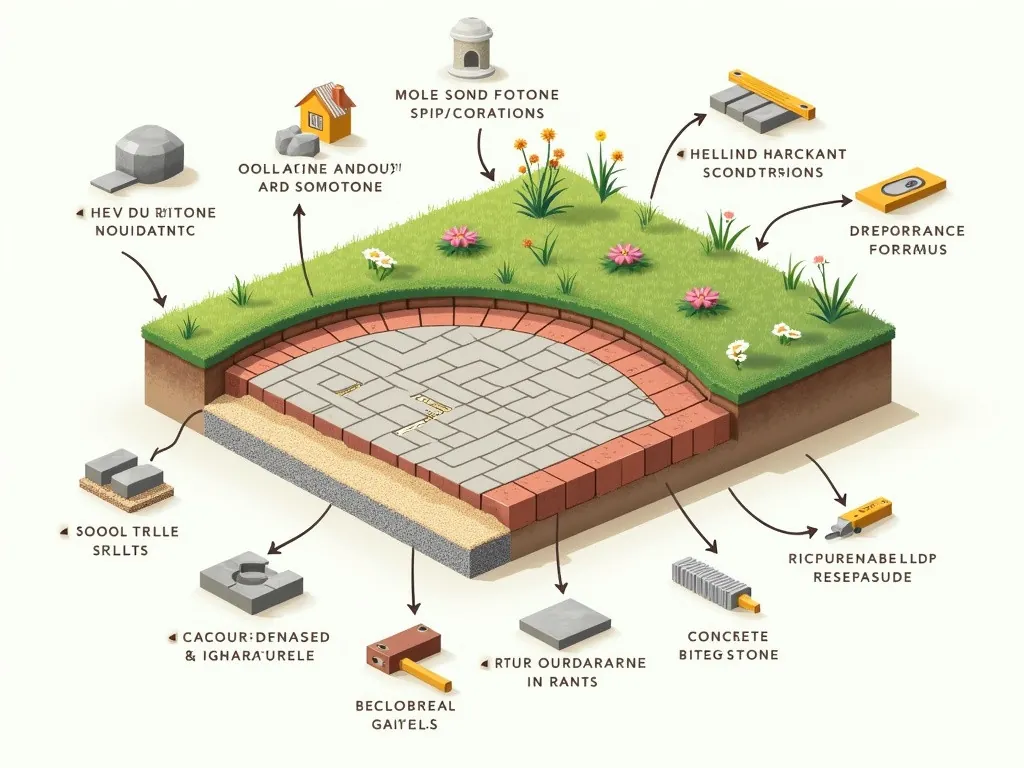 Illustration of the layers under a patio: soil, a compacted sub-base, a mortar bed and the paving on top.