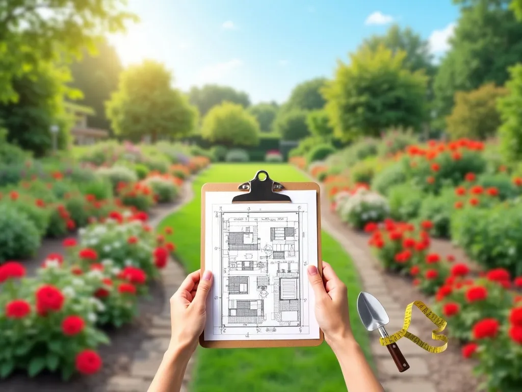 Illustration of hands holding a garden plan in front of a planted garden.