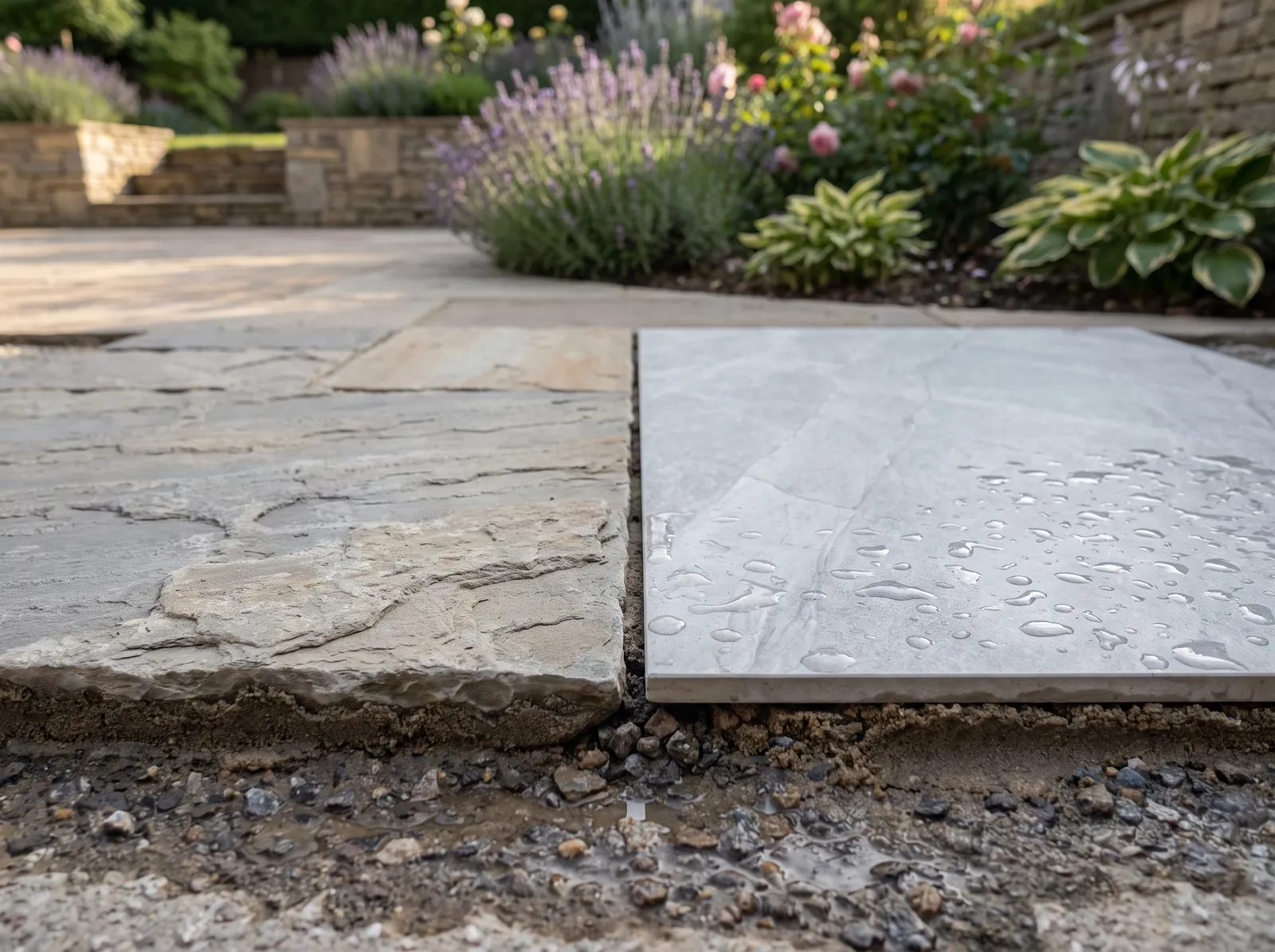 Illustration. Two paving samples side by side on a patio edge: riven grey Indian sandstone and smooth light grey porcelain with water beading on its surface.