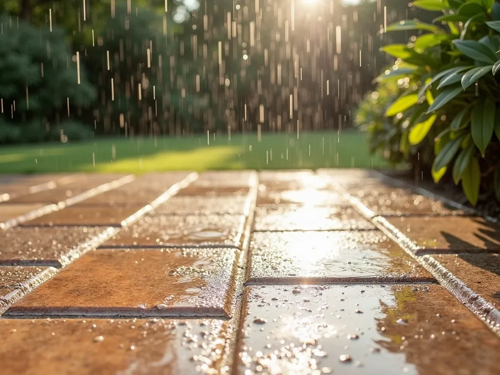 Illustration of rain on wet paving slabs.
