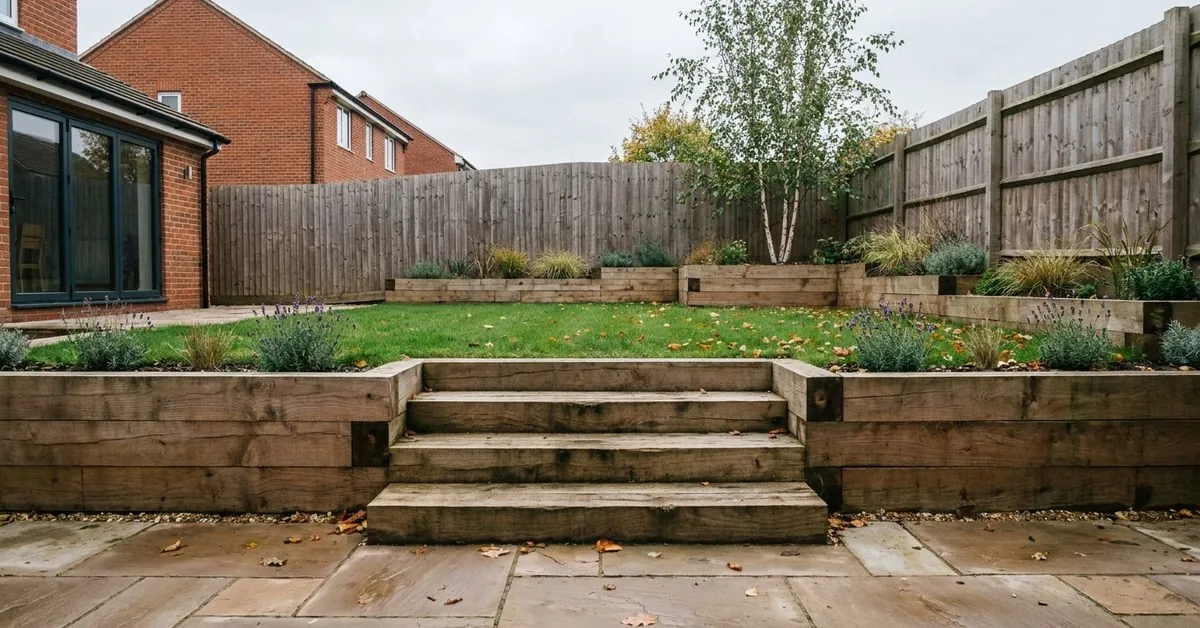 Illustration. A back garden on a slope, built as three levels: a sandstone patio by the house, timber sleeper walls holding a lawn above it, wide steps between them and planted beds along the top.