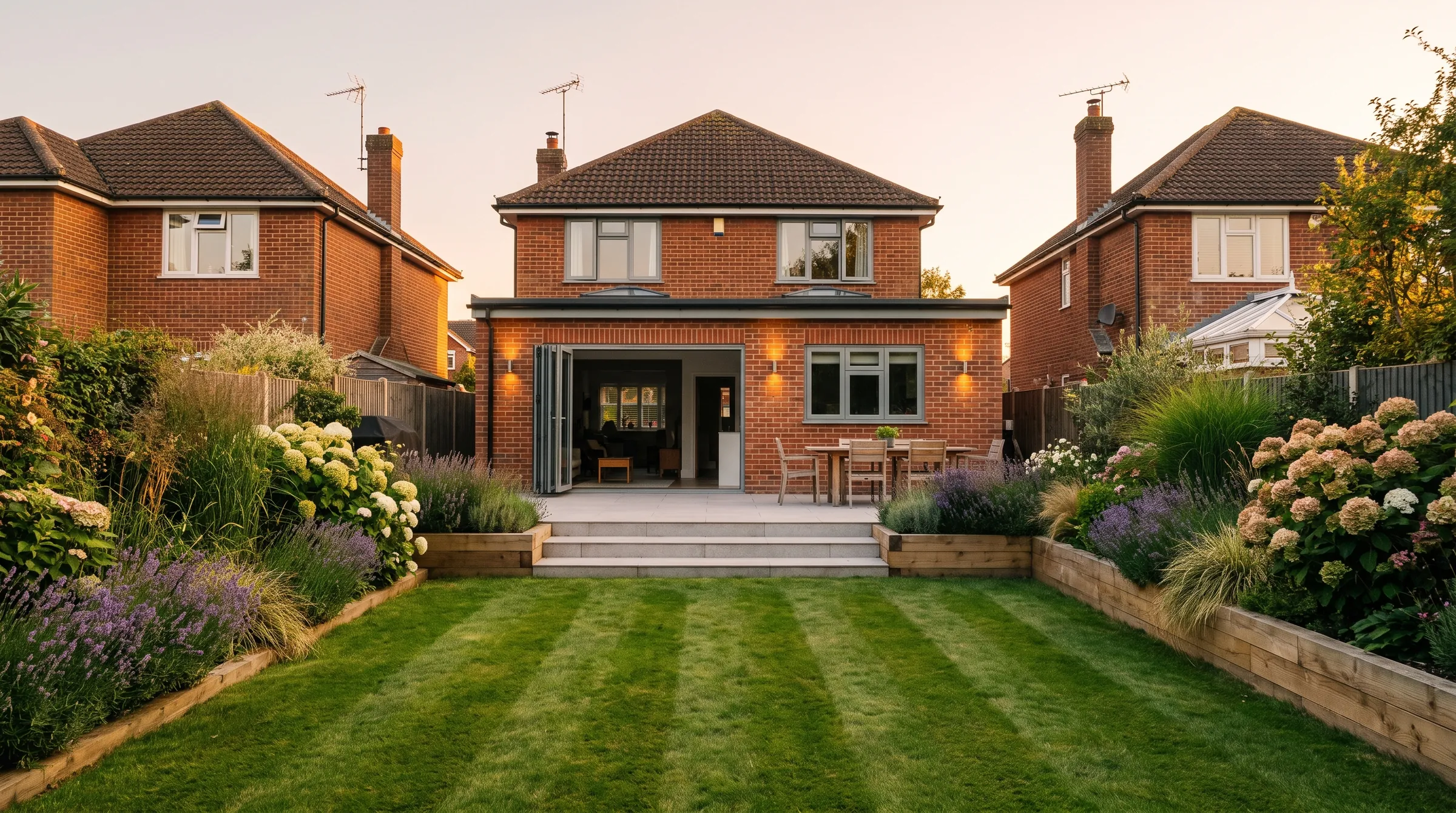 Concept visual at golden hour: a back garden with a light grey porcelain terrace, steps down to a striped lawn and deep planted borders