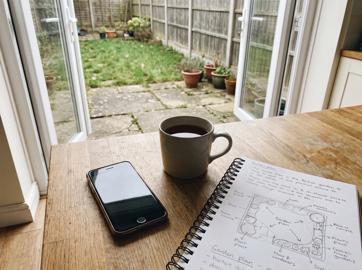Illustration: a phone and a notebook with a rough garden sketch on a kitchen worktop, an old patio through the doors behind