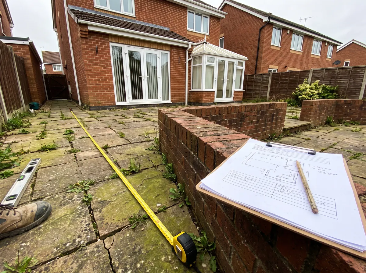 Illustration: a tape measure across an old sandstone patio and a clipboard with a site sheet on a brick wall