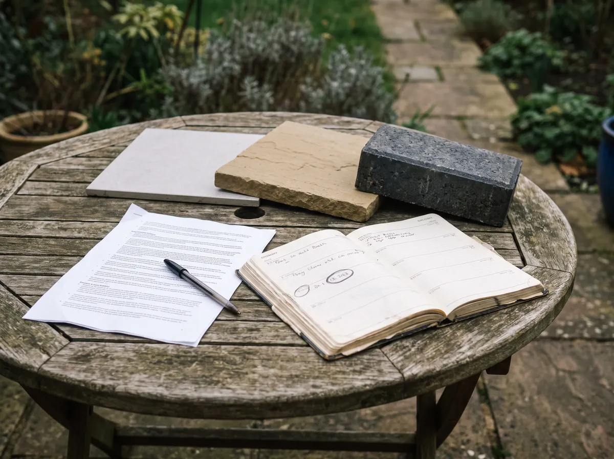 Illustration: paving samples, a printed agreement with a pen, and a diary with a date circled on a garden table